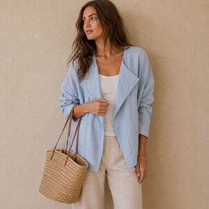 EILEEN FISHER Organic Linen Open Front Jacket XL Blue Dawn Oversized